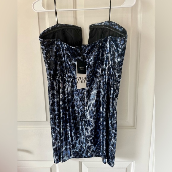 NWT ZARA Short Blue Black Sequin Dress Animal Leopard Print Strapless Corset - Picture 8 of 8